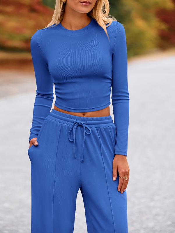 VVZ 2-Piece Ribbed Knit Long Sleeve Crop Top Wide Leg Pants Matching Lounge Set Loungewear