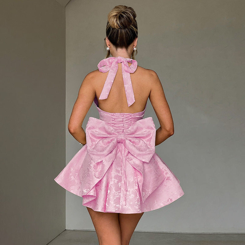 VVZ Women's Slim-Fit Halter Party Mini Dress with Bow Detail