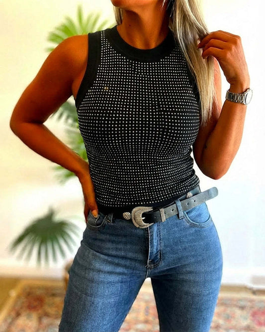 VVZ Women's Rhinestone Decorated Round Neck Sleeveless Slim Fit Ribbed Vest