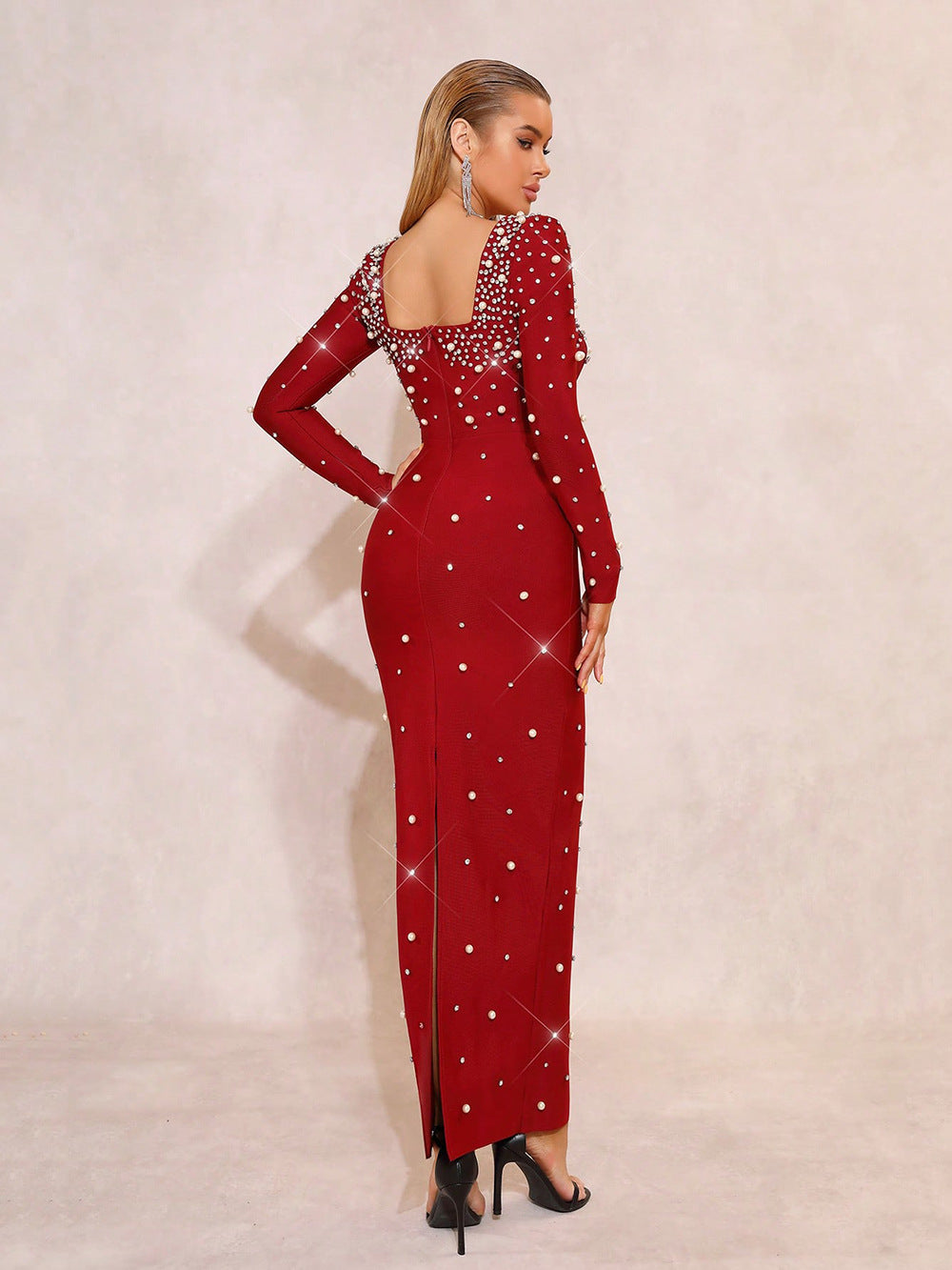 VVZ Fitted Square-Neck Maxi Dress with Beading and Rhinestone Embellishments