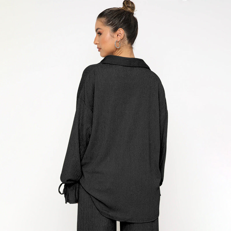 VVZ Women's Solid-Color Collared Button-Down Shirt and Slit-Hem Trousers Set
