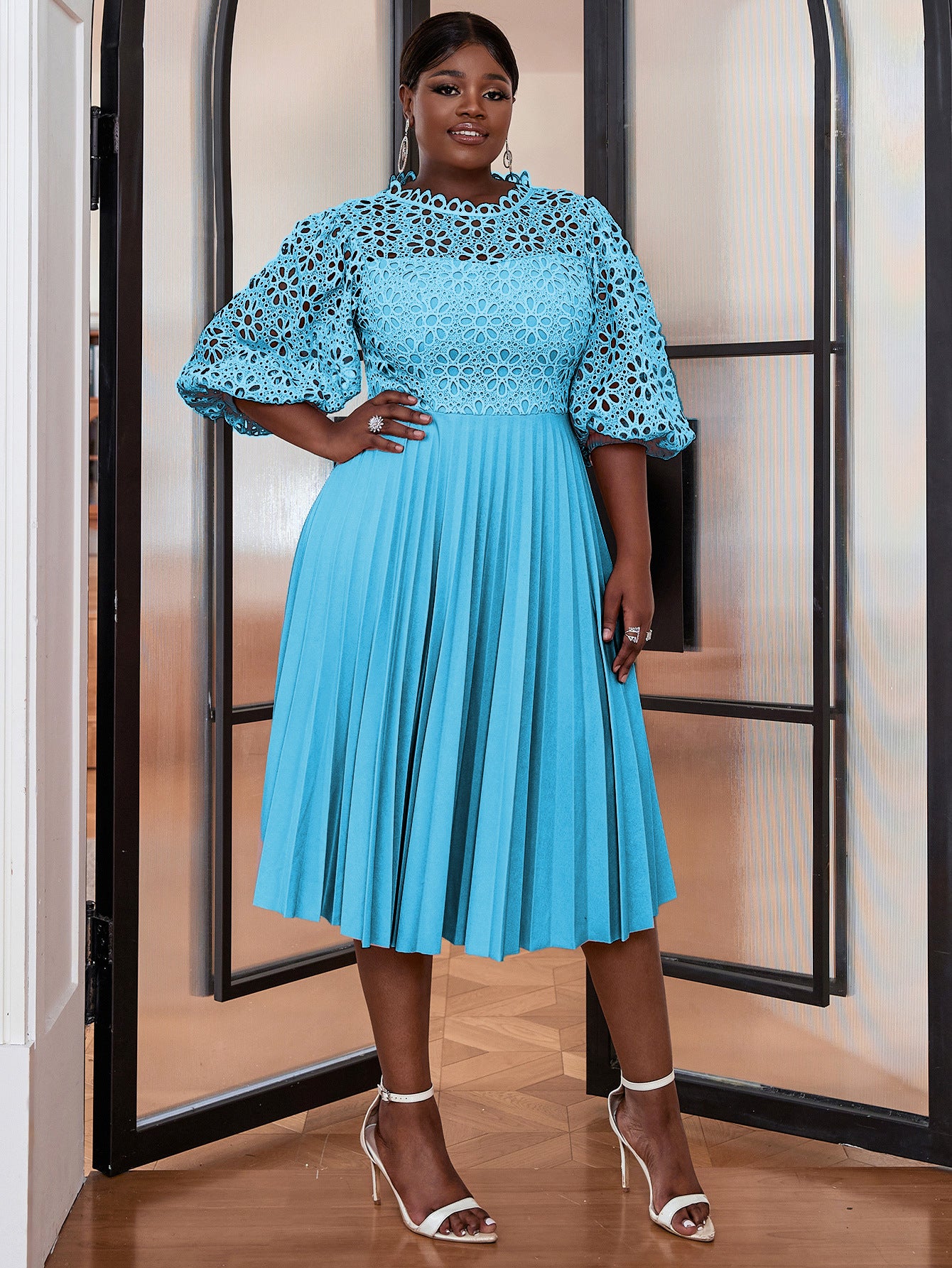 VVZ Solid-Color Open-Front Crocheted Lace Shawl Dress