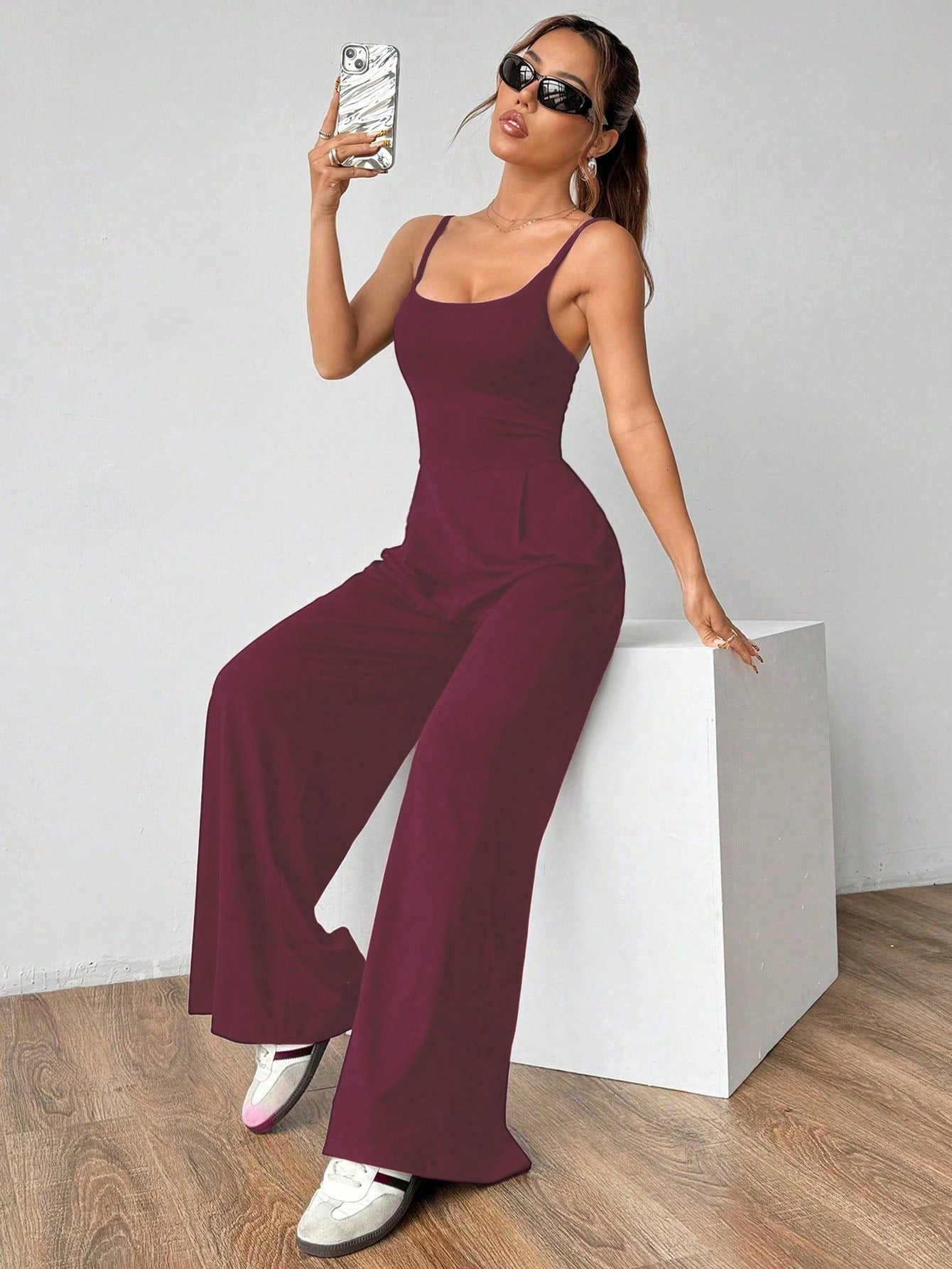 VVZ Women's Solid-Color Backless Pleated Spaghetti-Strap Jumpsuit