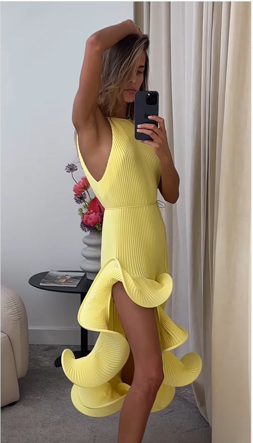 VVZ Irregular Ruffle, Sleeveless, Tie-Waist, Slim-Fit Dress