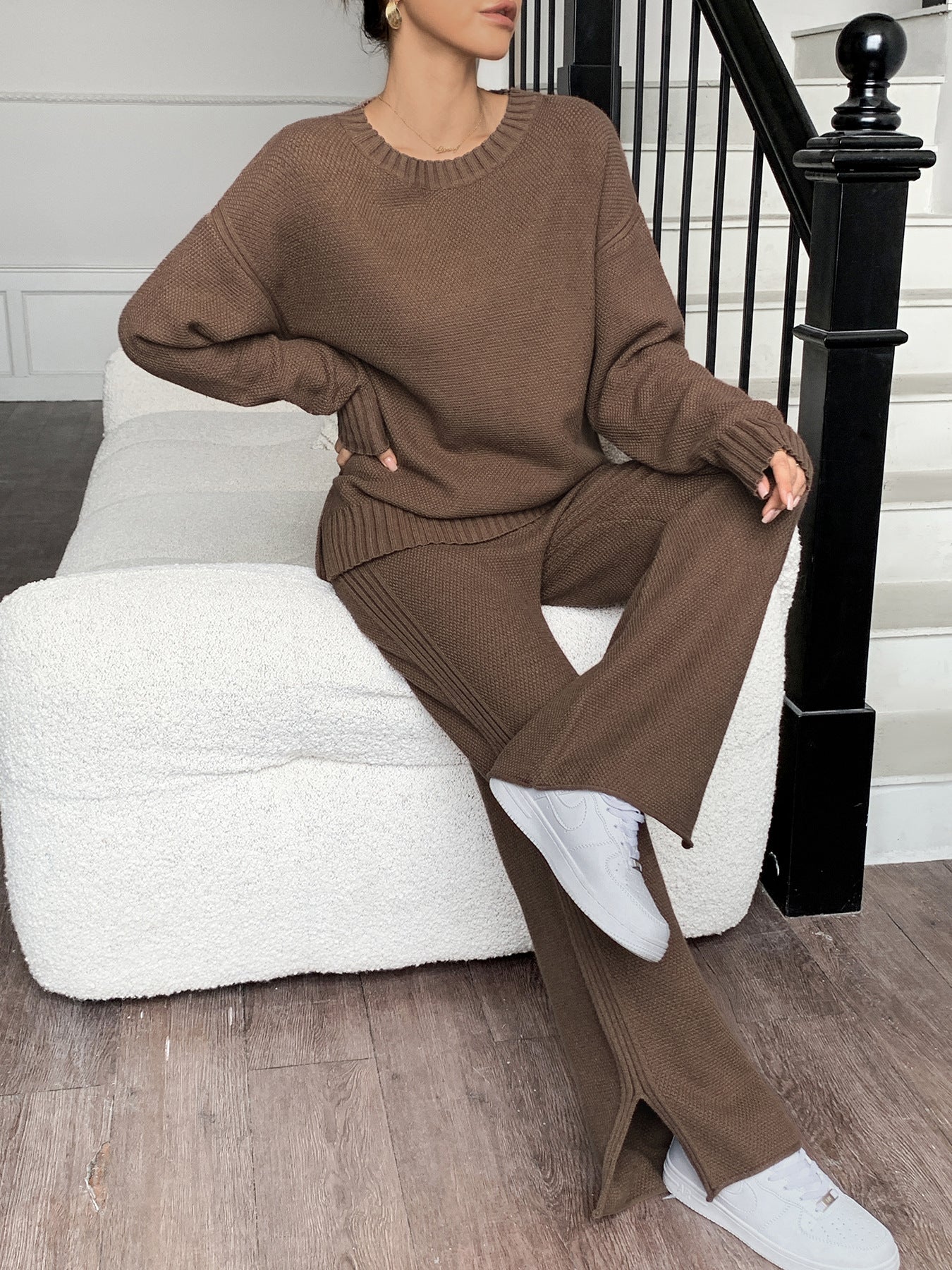 VVZ Women'S Oversized Round Neck Sweater & Wide-Leg Pants Two-Piece Set