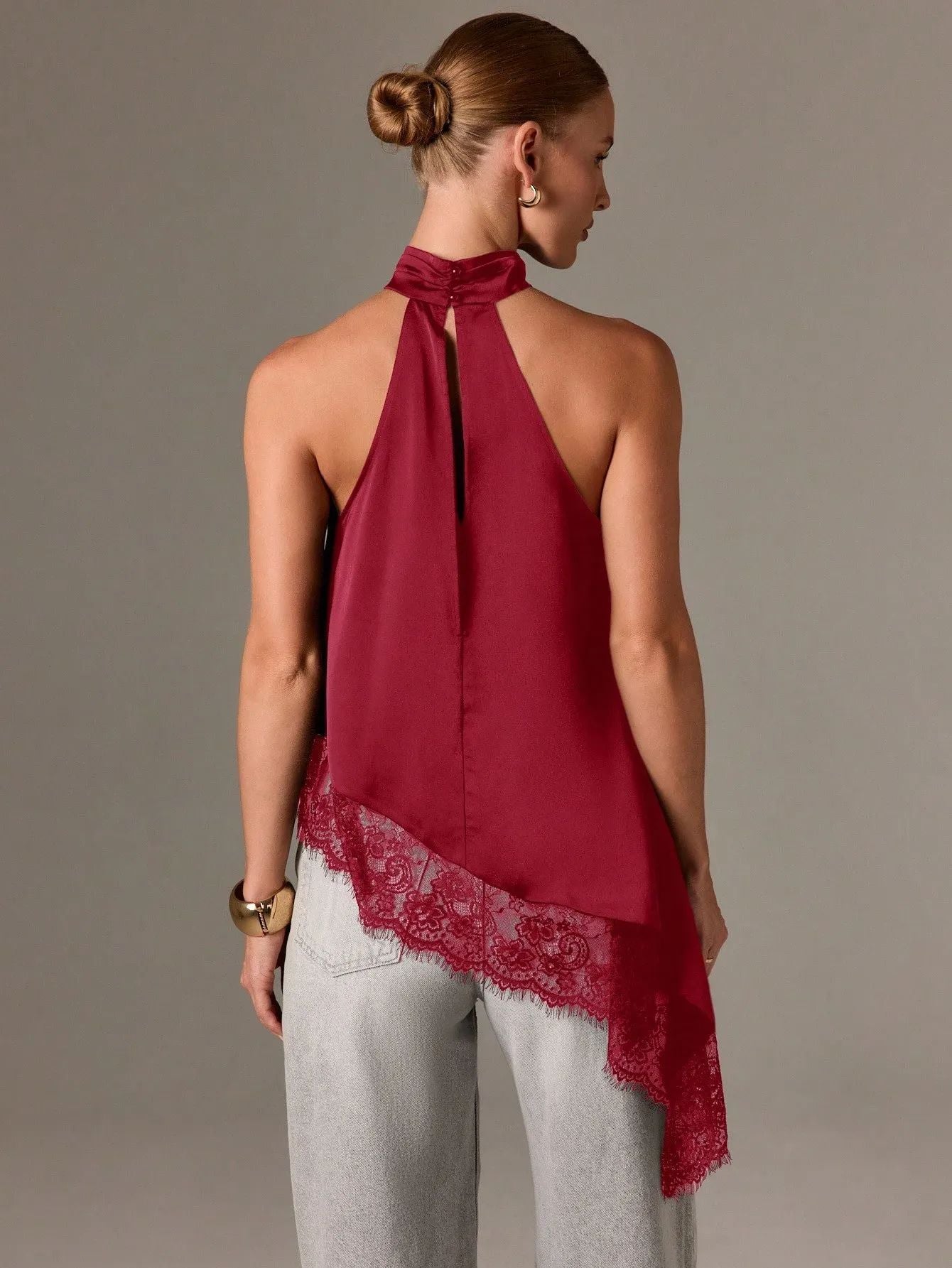 VVZ Women's Halter Top — Summer Sleeveless, Backless Camisole with Asymmetrical Lace Hem
