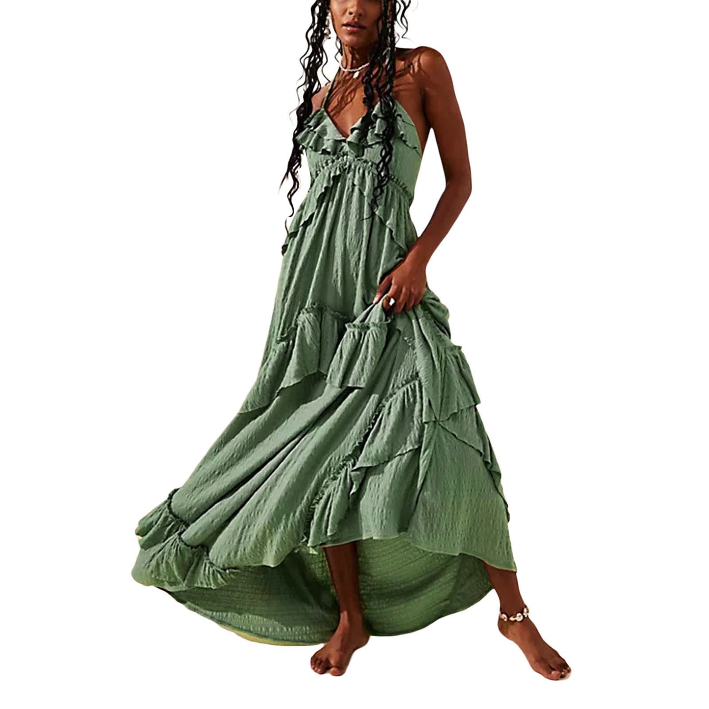 VVZ Women's Halter-Neck Ruffled Maxi Dress