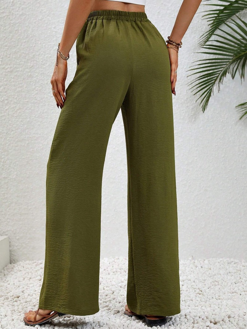 VVZ Women's Solid-Color Straight-Leg Pants with Pockets and Front Tie Closure