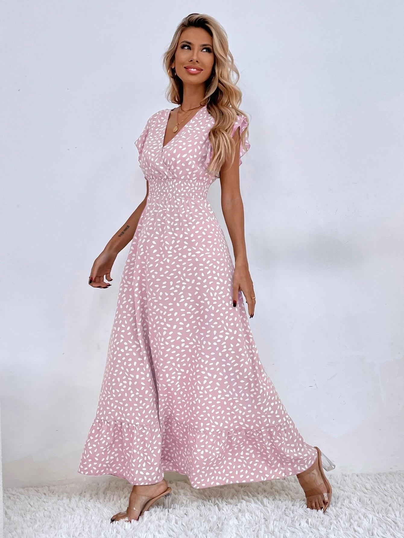 VVZ Women's Floral V-Neck Ruffled Waist-Cinching Slim-Fit Dress