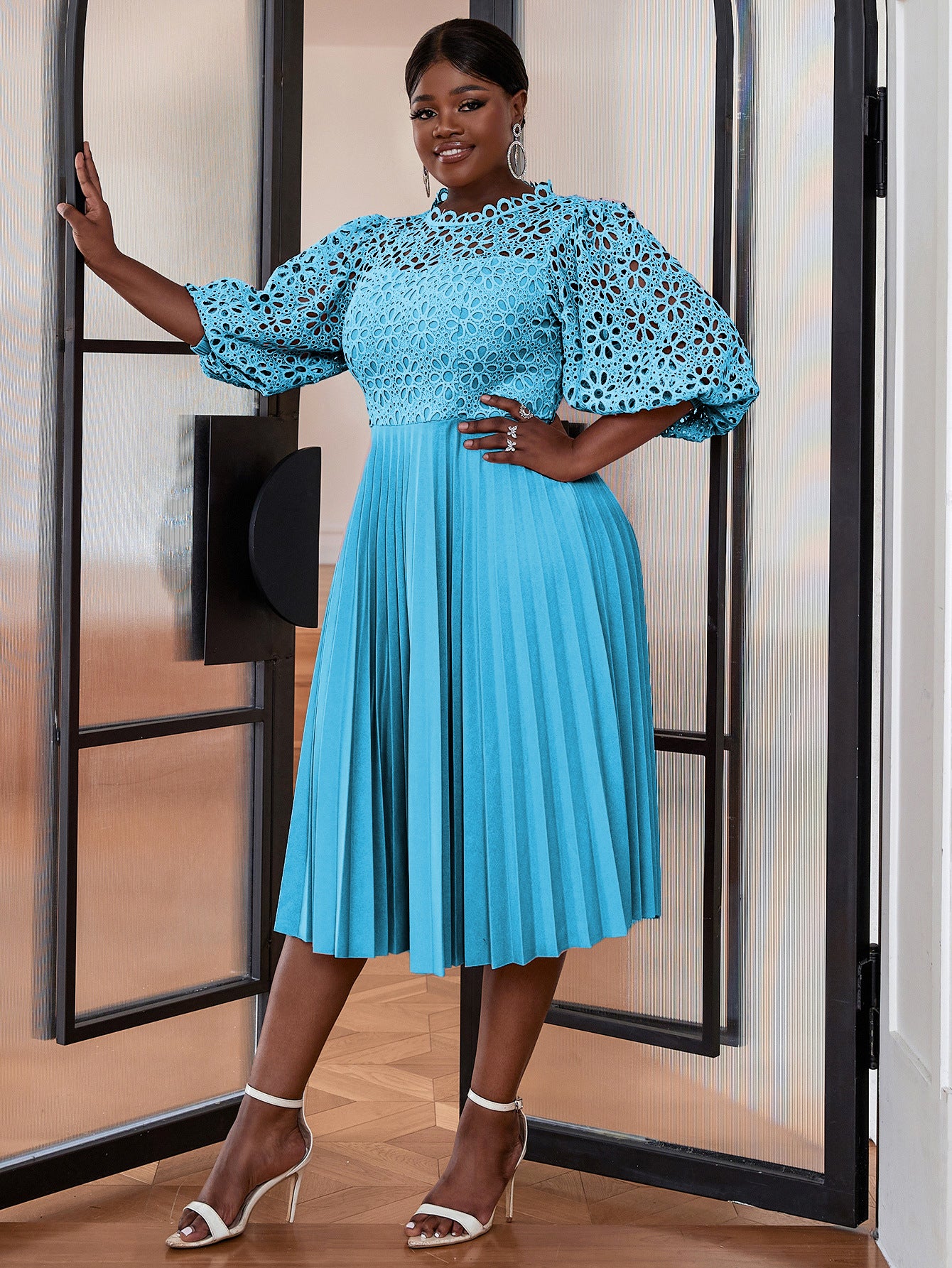 VVZ Solid-Color Open-Front Crocheted Lace Shawl Dress