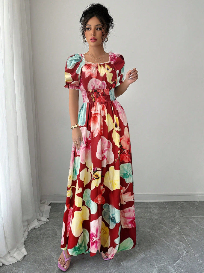 VVZ Printed puff-sleeve dress with a fitted waist