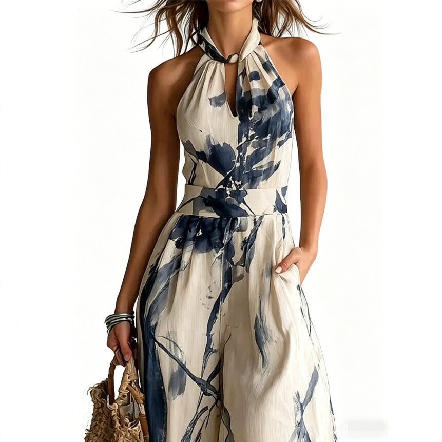 VVZ Women's Ink-Wash Print Halter-Neck Jumpsuit