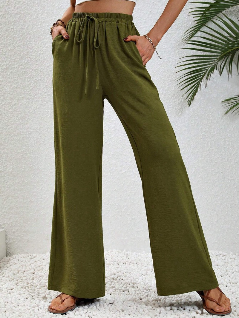 VVZ Women's Solid-Color Straight-Leg Pants with Pockets and Front Tie Closure