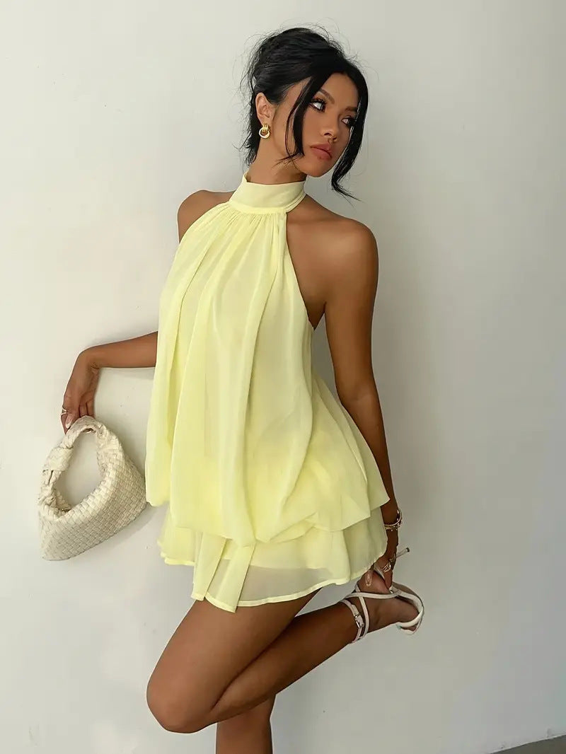 VVZ  Women's Summer Casual Fashion Halter Tie Back Mini Dress