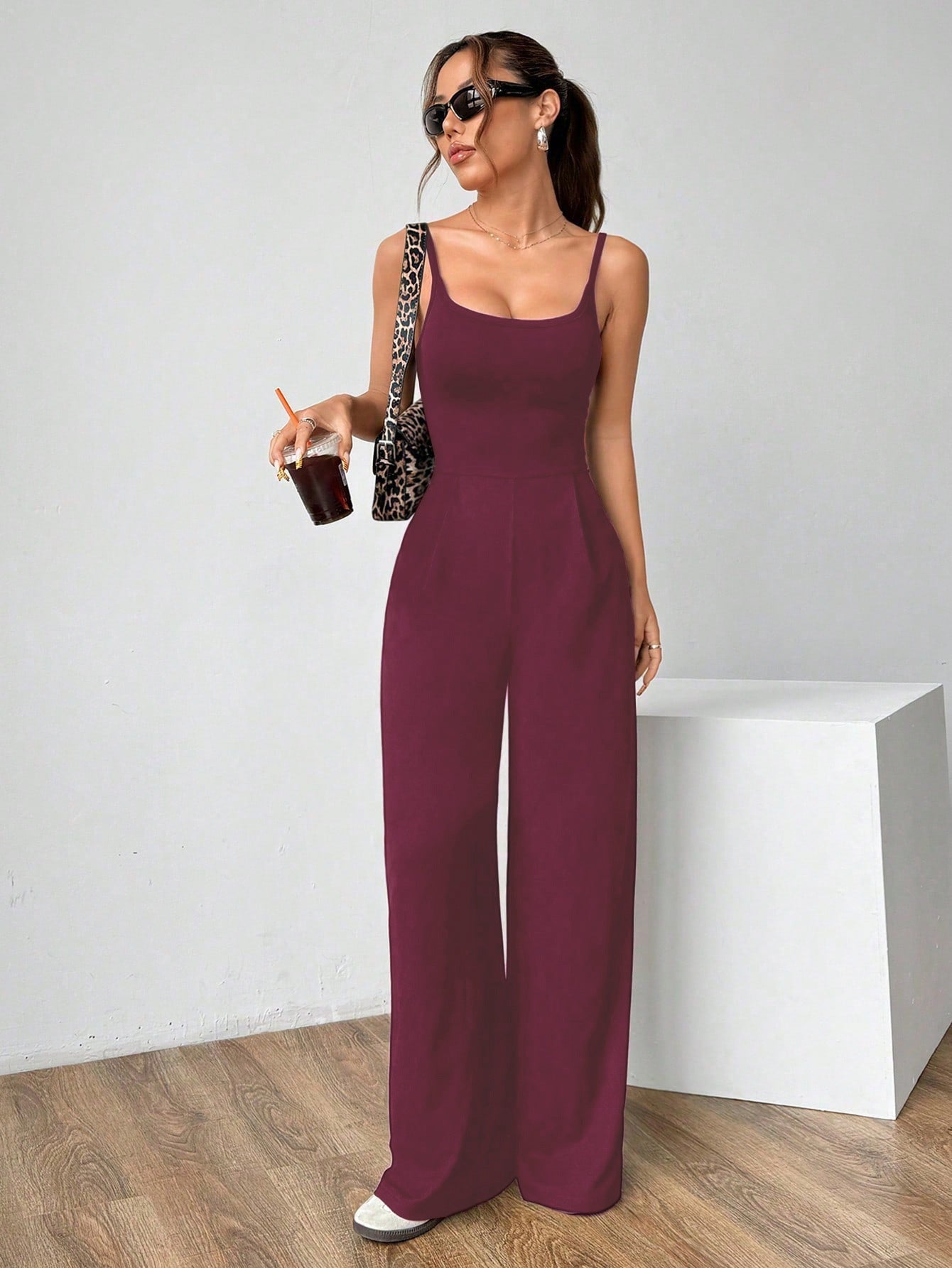 VVZ Women's Solid-Color Backless Pleated Spaghetti-Strap Jumpsuit