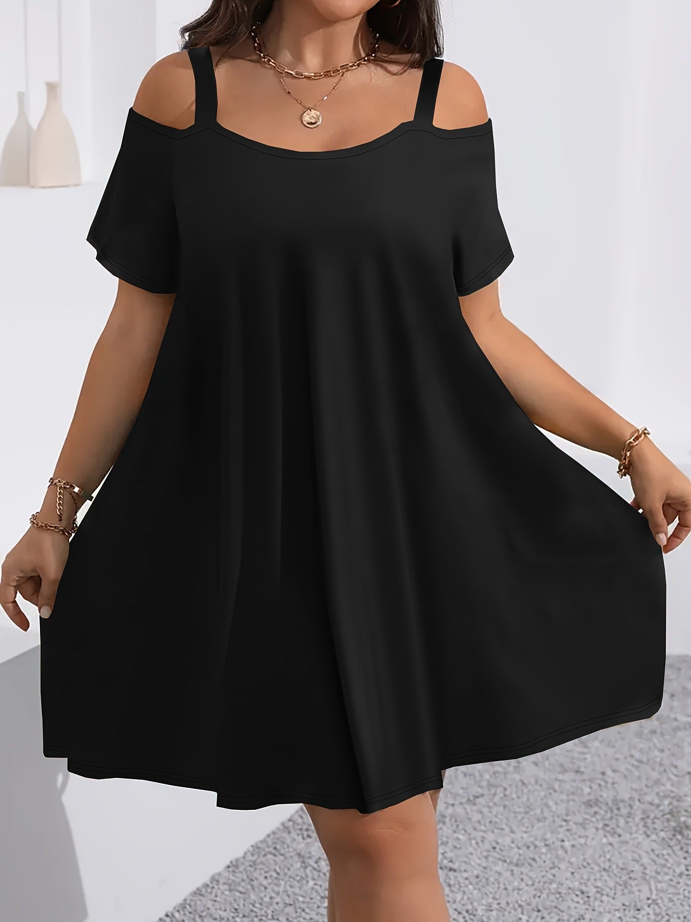 VVZ Plus-Size Women's Casual Midi Dress: Crew Neck, Short Sleeve, Cold-Shoulder, Slim Fit