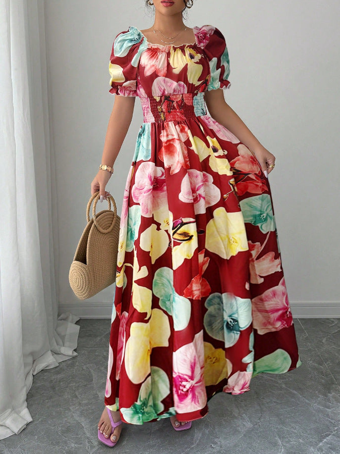 VVZ Printed puff-sleeve dress with a fitted waist