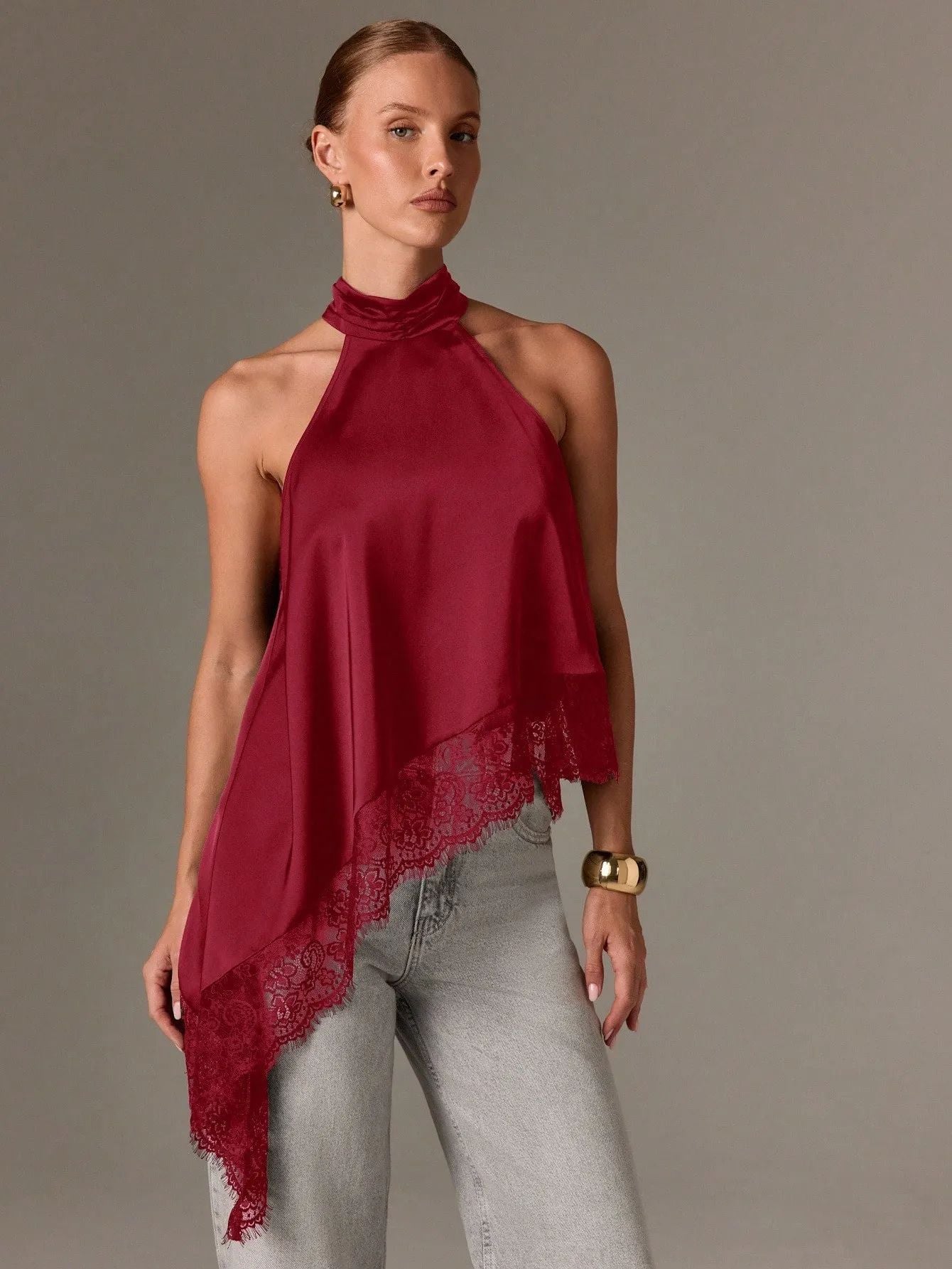 VVZ Women's Halter Top — Summer Sleeveless, Backless Camisole with Asymmetrical Lace Hem