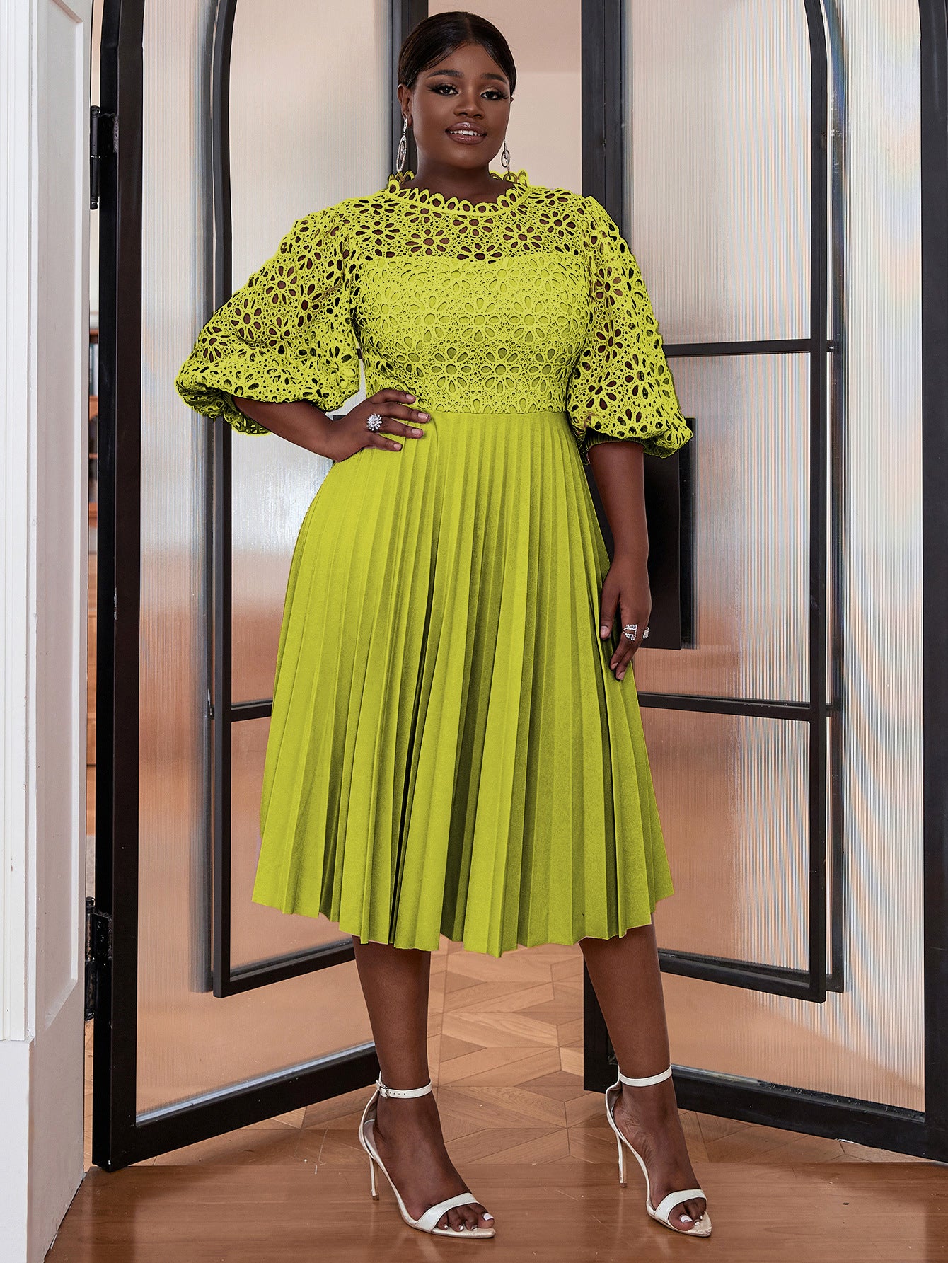 VVZ Solid-Color Open-Front Crocheted Lace Shawl Dress