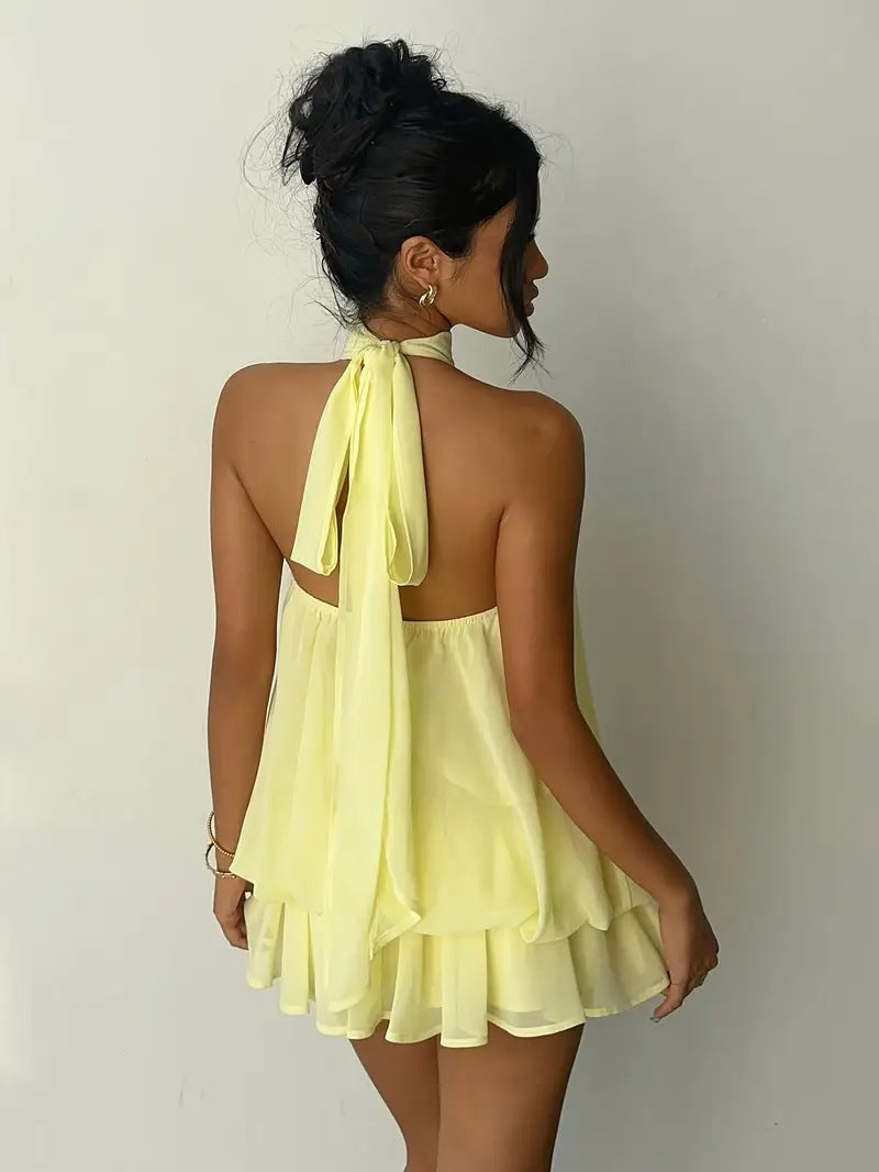VVZ  Women's Summer Casual Fashion Halter Tie Back Mini Dress