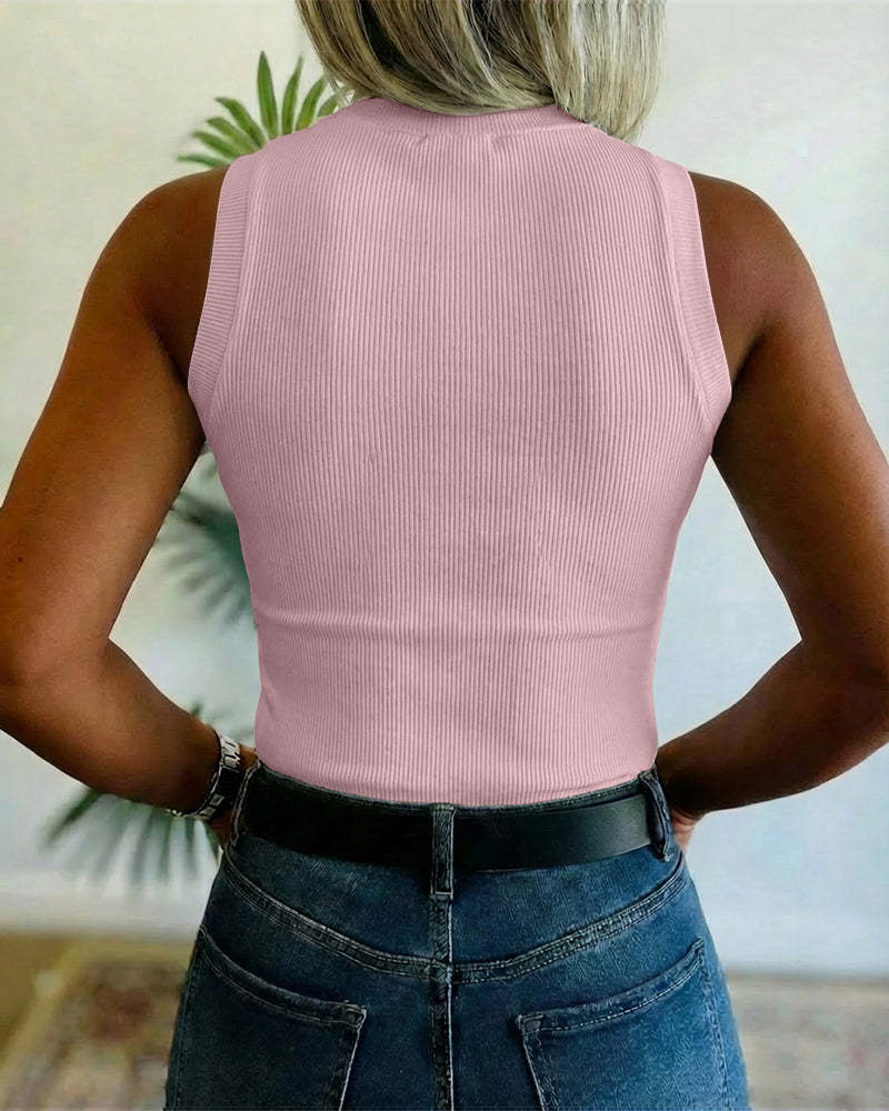 VVZ Women's Rhinestone Decorated Round Neck Sleeveless Slim Fit Ribbed Vest