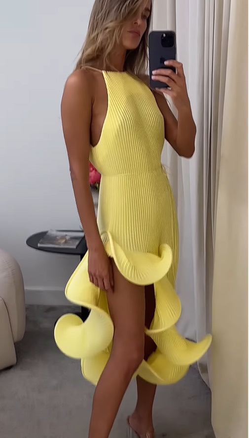 VVZ Irregular Ruffle, Sleeveless, Tie-Waist, Slim-Fit Dress
