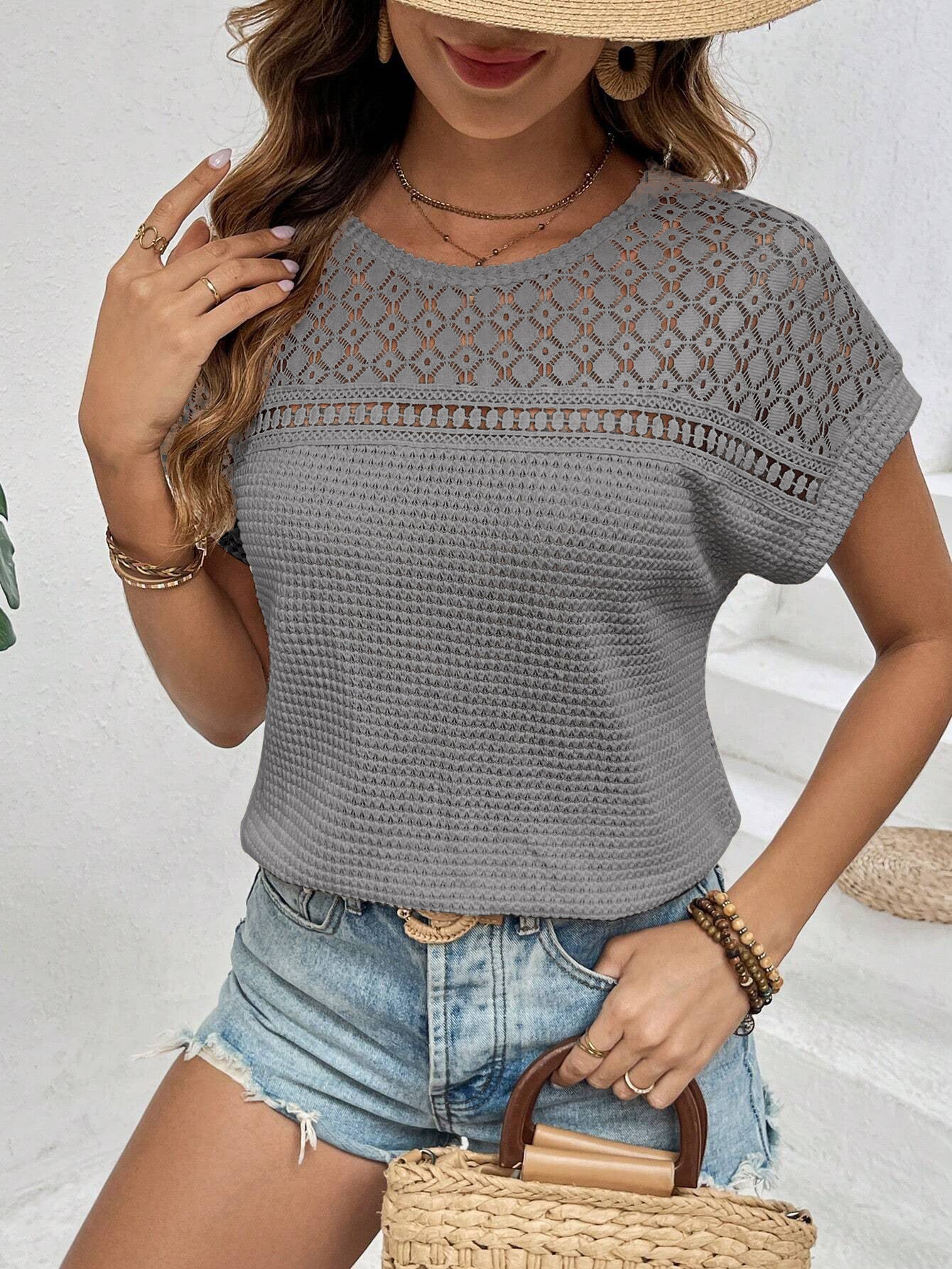 VVZ Crew Neck, Short-Sleeve, Waffle-Knit Openwork Shirt