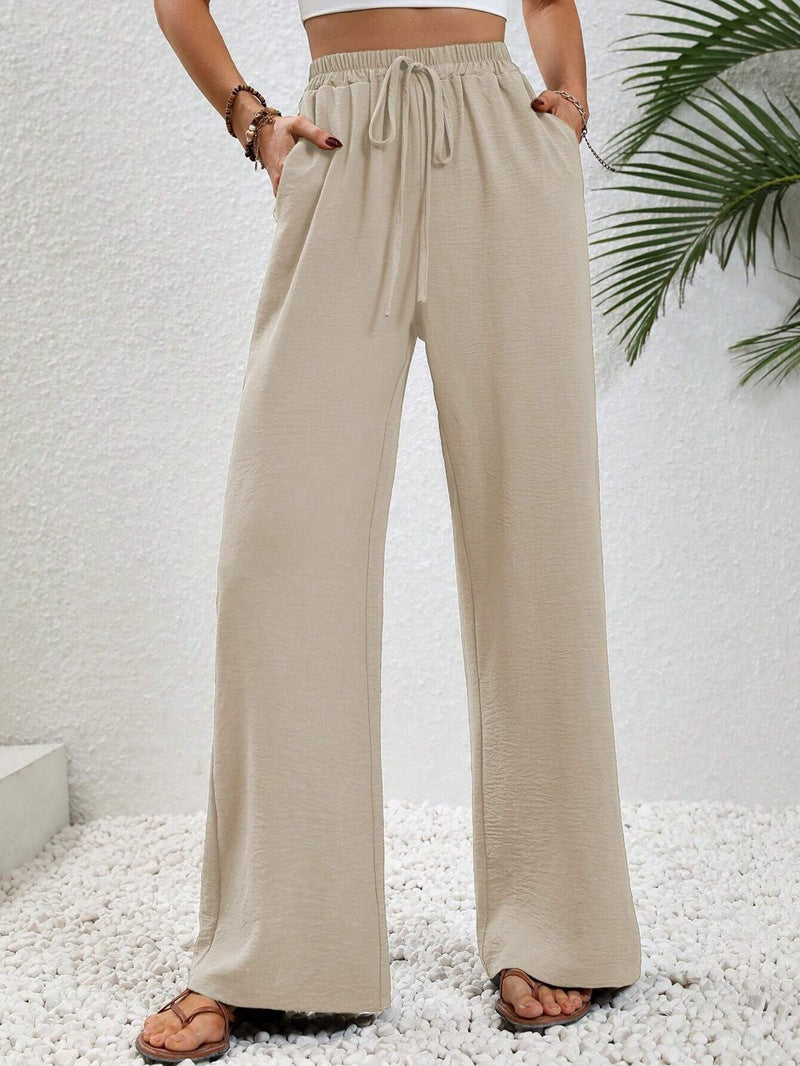 VVZ Women's Solid-Color Straight-Leg Pants with Pockets and Front Tie Closure