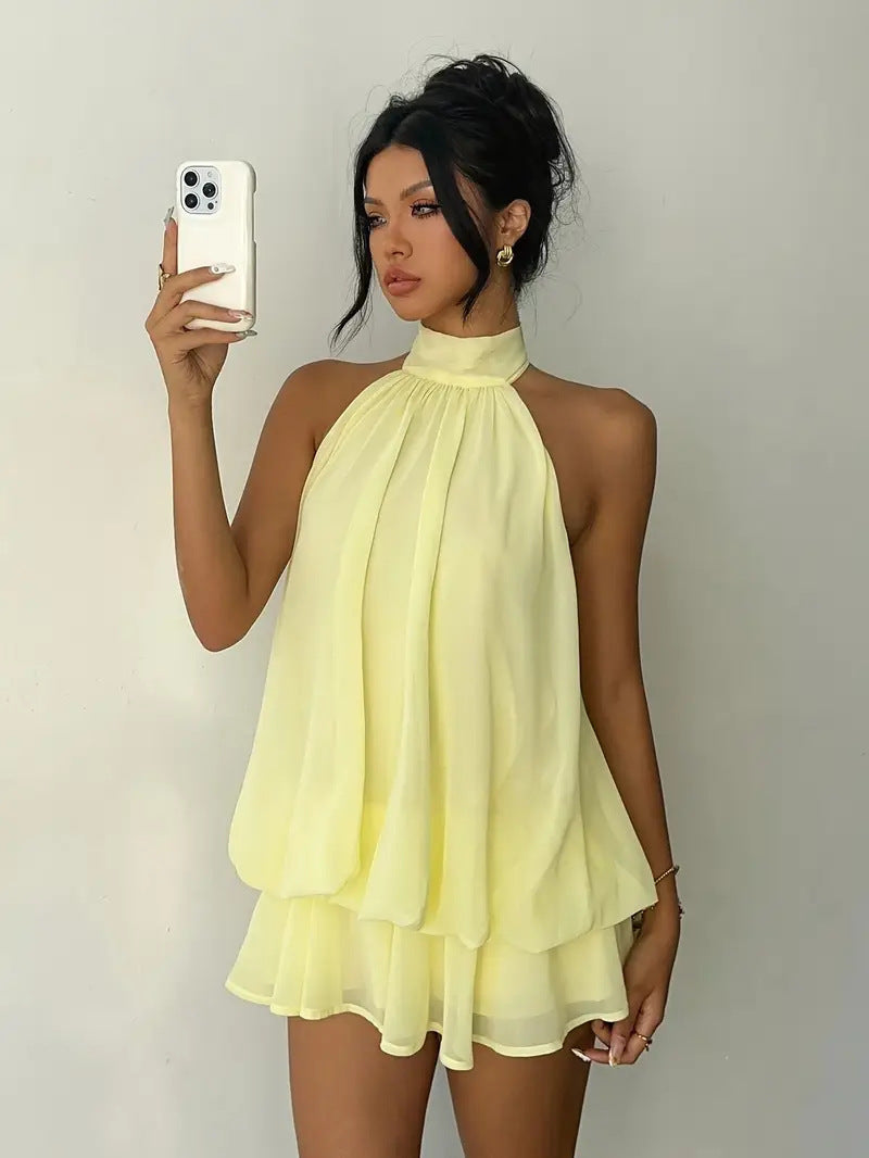 VVZ  Women's Summer Casual Fashion Halter Tie Back Mini Dress