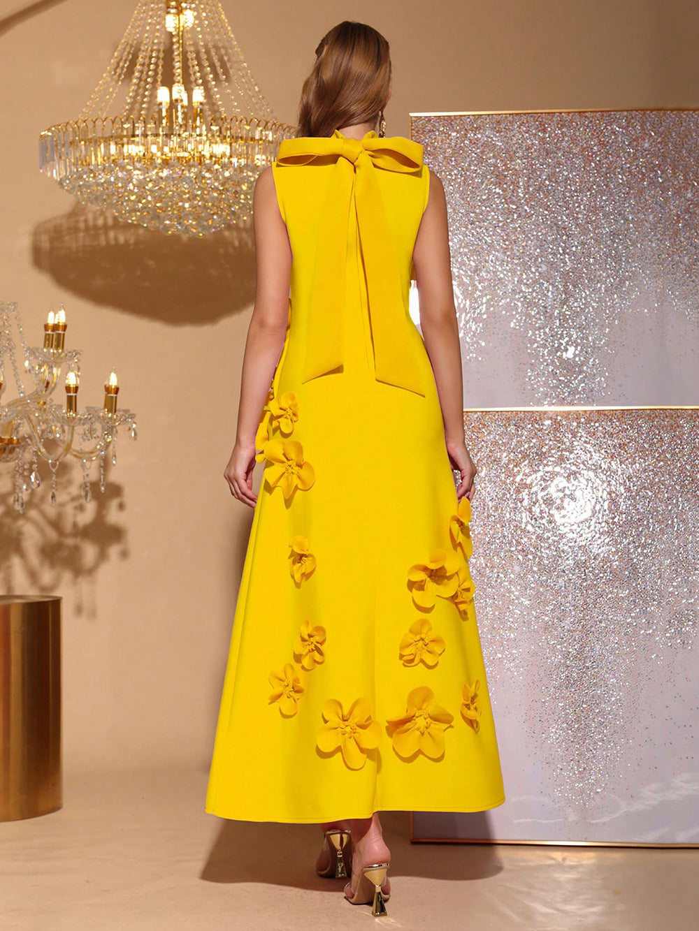 VVZ French-Style 3D Floral A-Line Maxi Dress