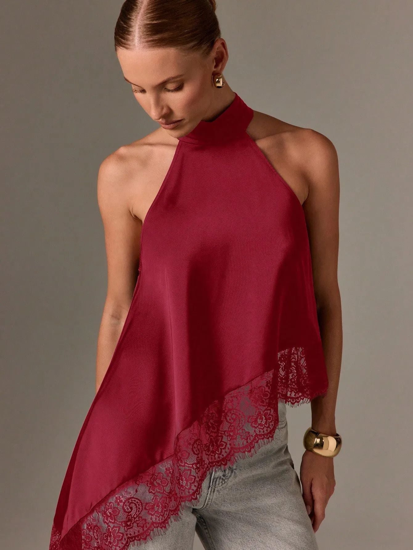 VVZ Women's Halter Top — Summer Sleeveless, Backless Camisole with Asymmetrical Lace Hem