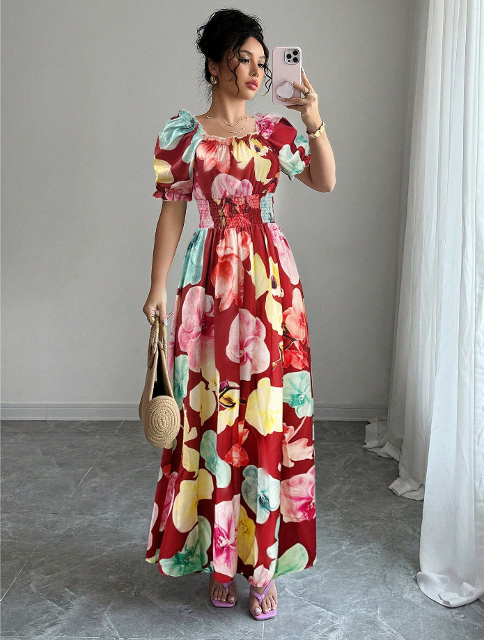 VVZ Printed puff-sleeve dress with a fitted waist
