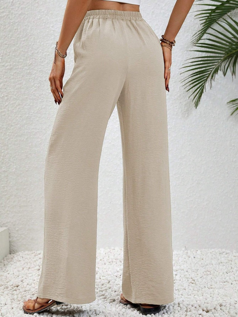 VVZ Women's Solid-Color Straight-Leg Pants with Pockets and Front Tie Closure