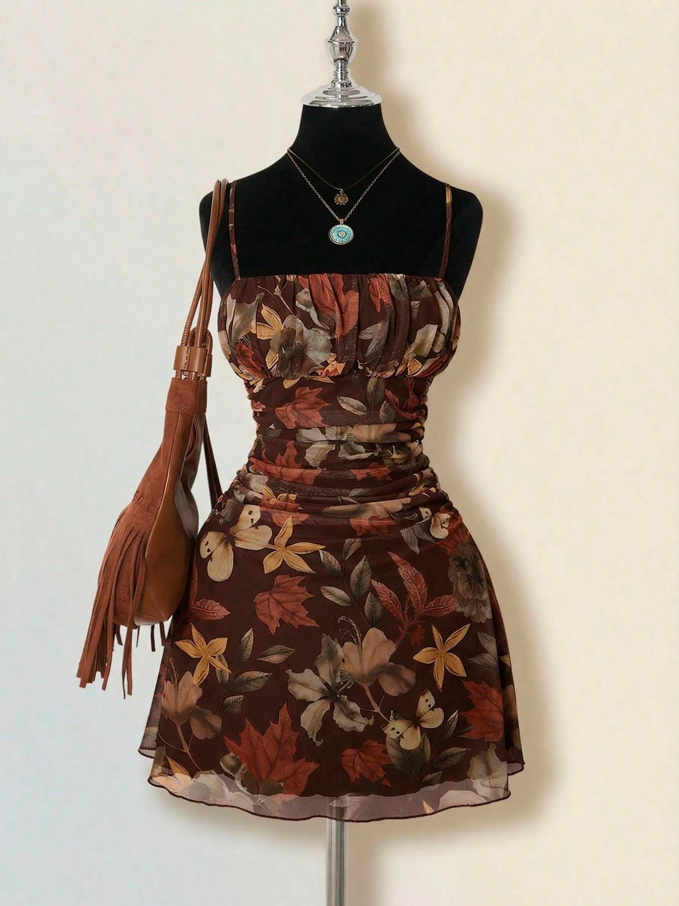 VVZ Women's Vintage Maple Leaf Print Ruched Mini Dress
