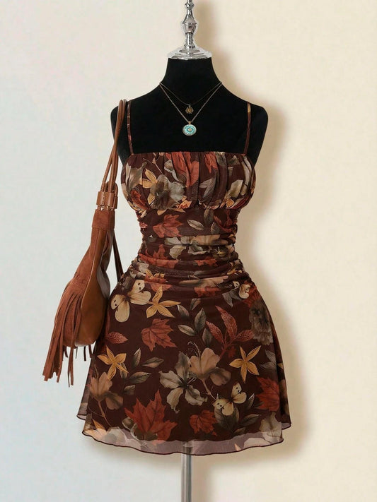 VVZ Women's Vintage Maple Leaf Print Ruched Mini Dress