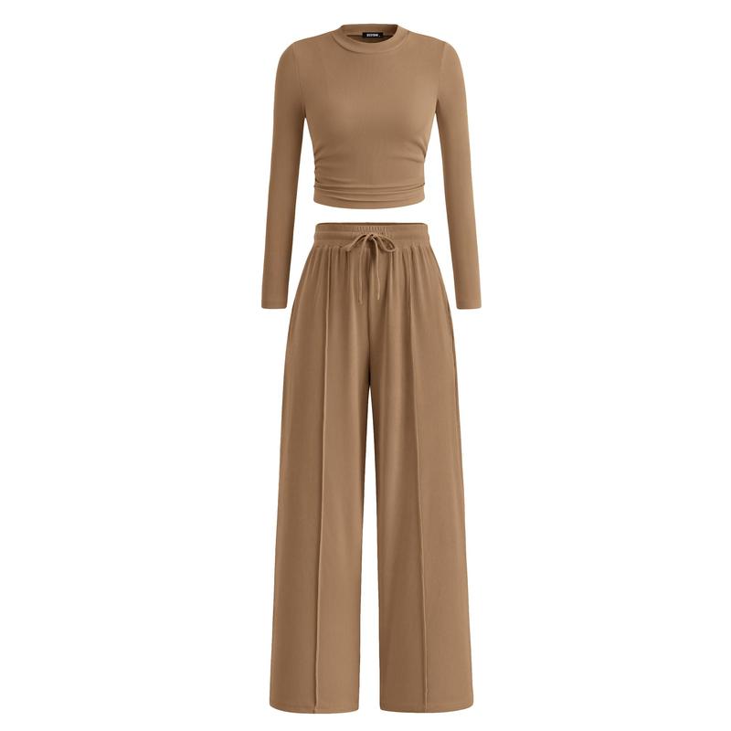 VVZ 2-Piece Ribbed Knit Long Sleeve Crop Top Wide Leg Pants Matching Lounge Set Loungewear