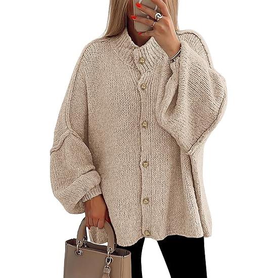 VVZ Women's Winter Button Down Cardigan Sweaters Mock Neck Lantern