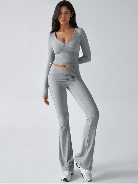 VVZ Slim-Fit Crop Top & Pants Two-Piece Set, Solid Color V-Neck Long Sleeve