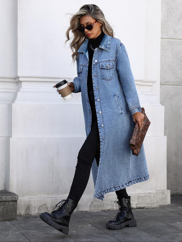 VVZ Women's Button Front Denim Coat, Elegant Casual Long Sleeve Outerwear