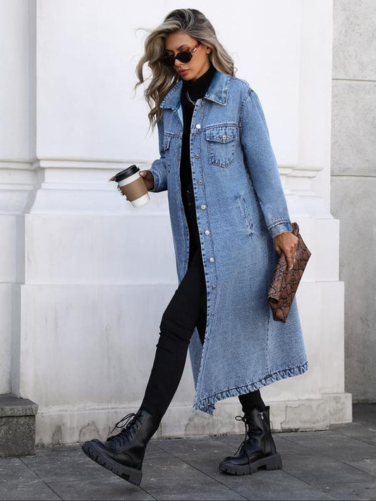 VVZ Women's Button Front Denim Coat, Elegant Casual Long Sleeve Outerwear