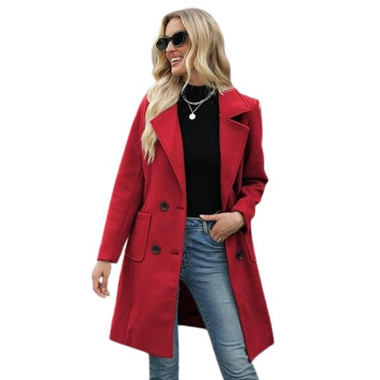 VVZ Women Winter  Camel Mid-Long Coat Notch Double-Breasted Lapel Jacket Outwear