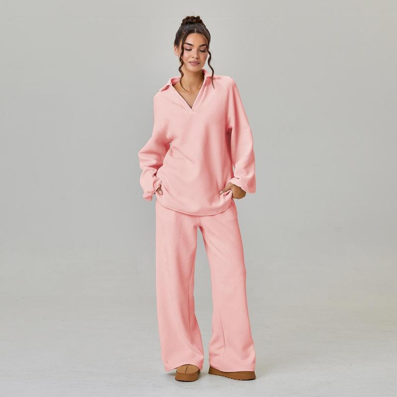 VVZ Women's Slouchy Solid Color V-Neck Loose Textured Pullover & Drawstring Waist Trousers Co-ord