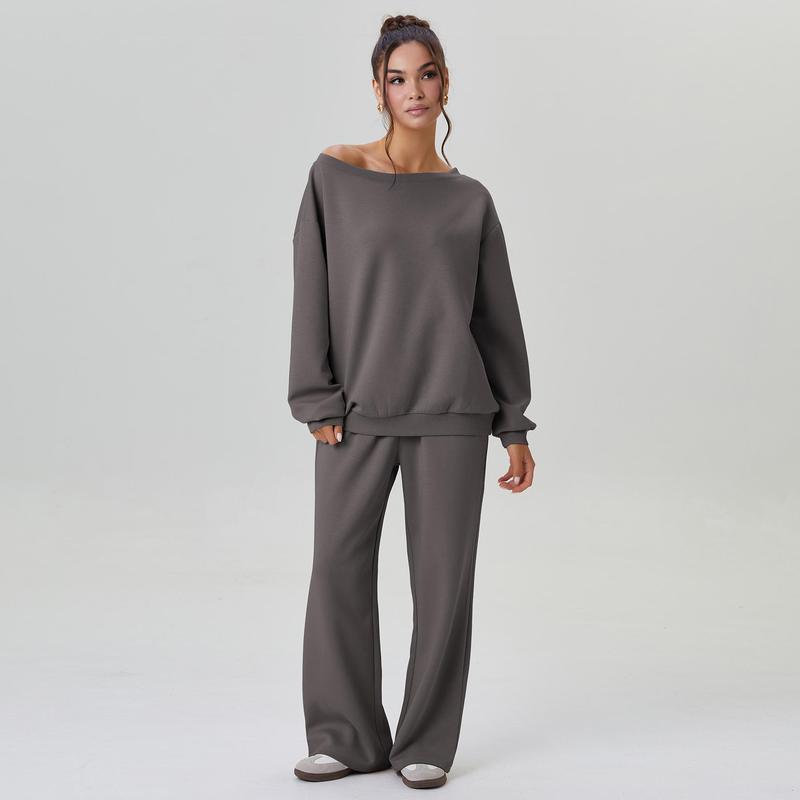 VVZ Women's Leisure Solid Color Sloping Shoulder Trousers Two Piece