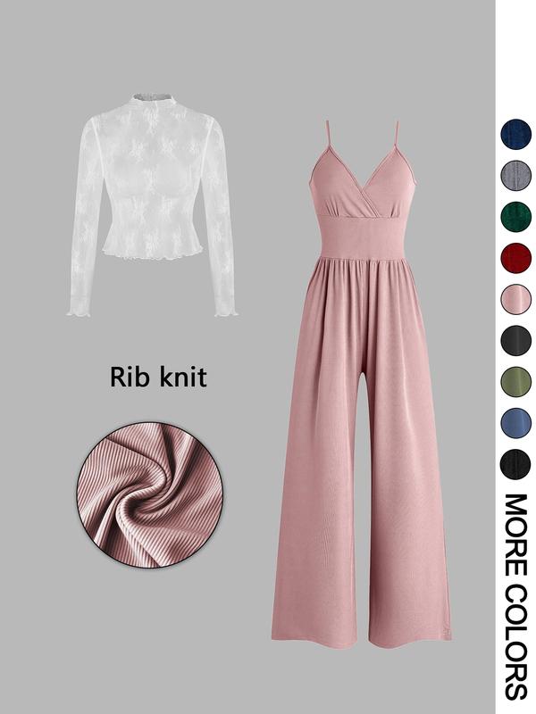 VVZ Women's Solid Color Lace Tee & Pocket Jumpsuit Two-piece Set