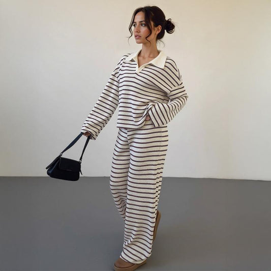 VVZ Women's Casual Color Matching Stripe Long Sleeve Top & Wide Leg Trousers Co-ord