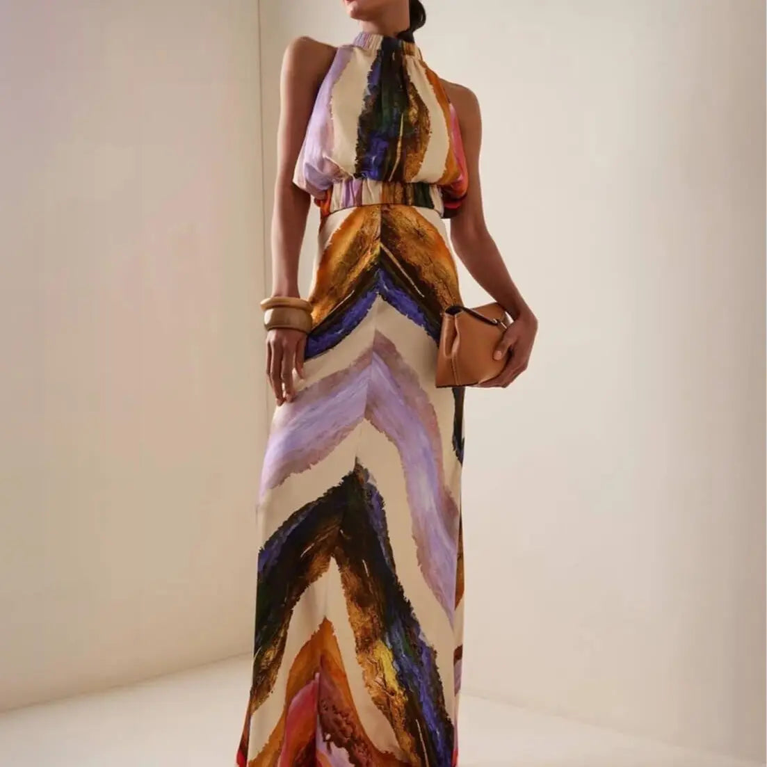 VVZ Elegant Abstract-Print Vest and High-Waisted Maxi Skirt Set