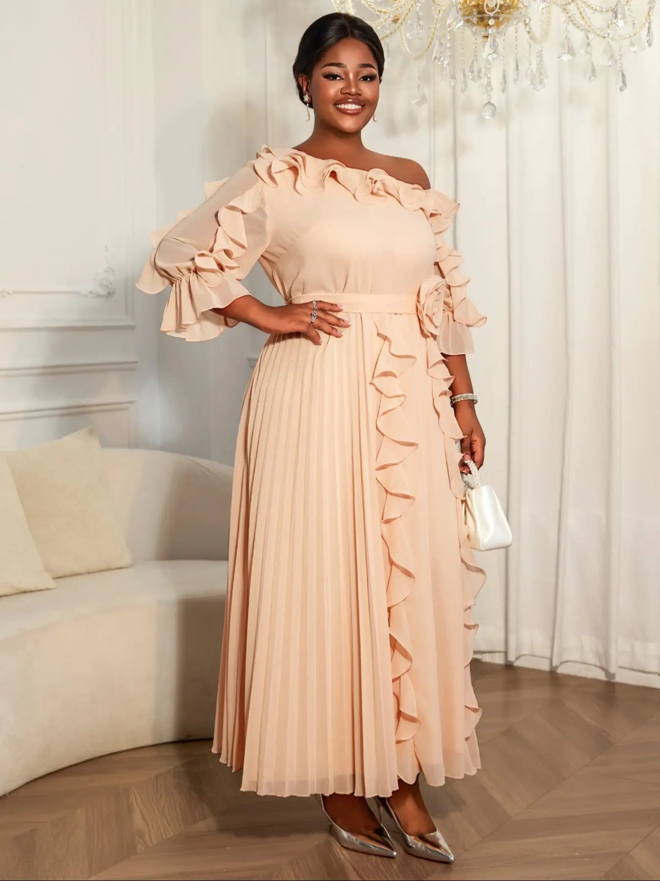VVZ Women's Chiffon Long-Sleeve Off-Shoulder Dress