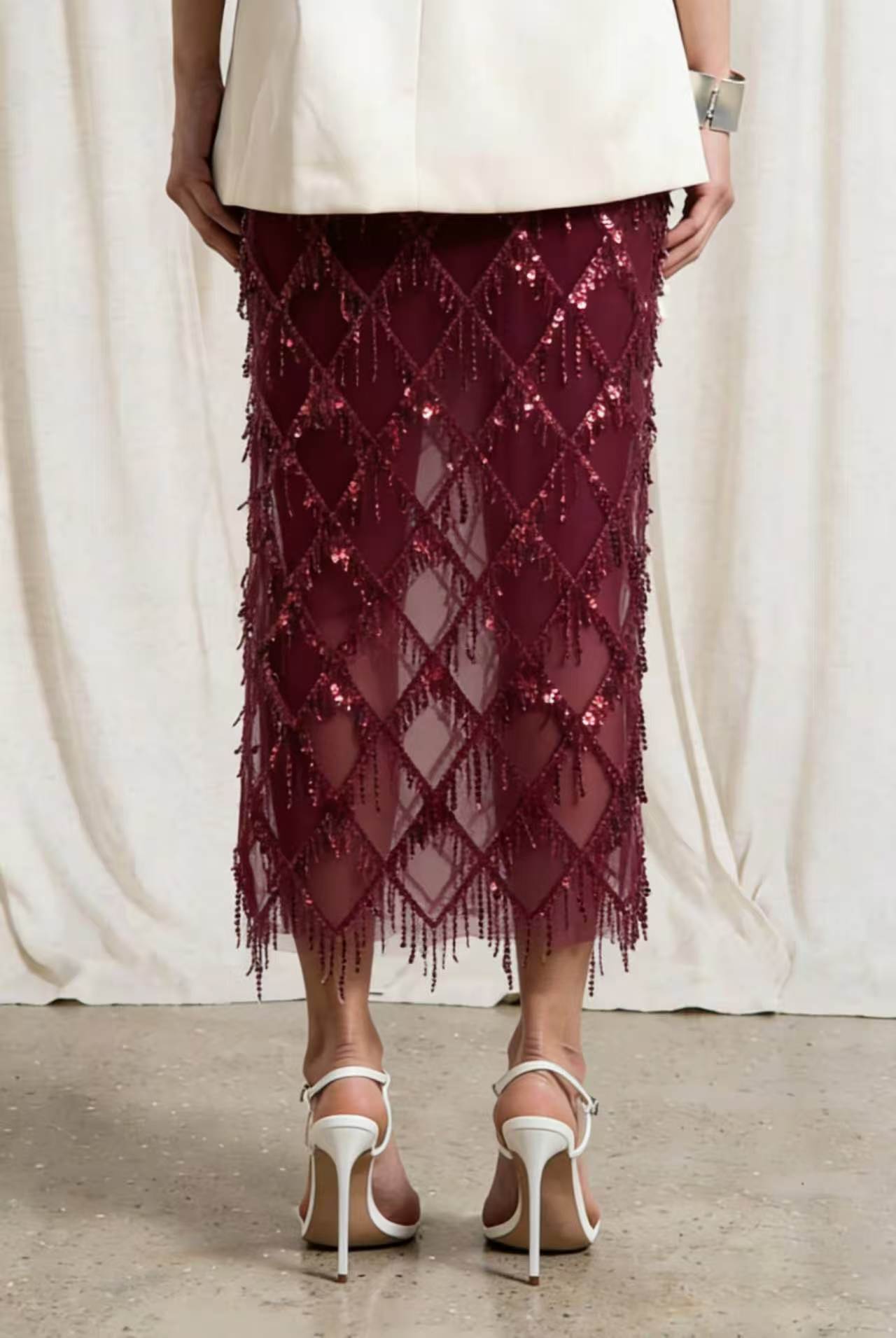 VVZ Women's Sequin-Embellished Midi Skirt — Side-Slit, Bodycon, Slimming, and Sheer Mesh Design