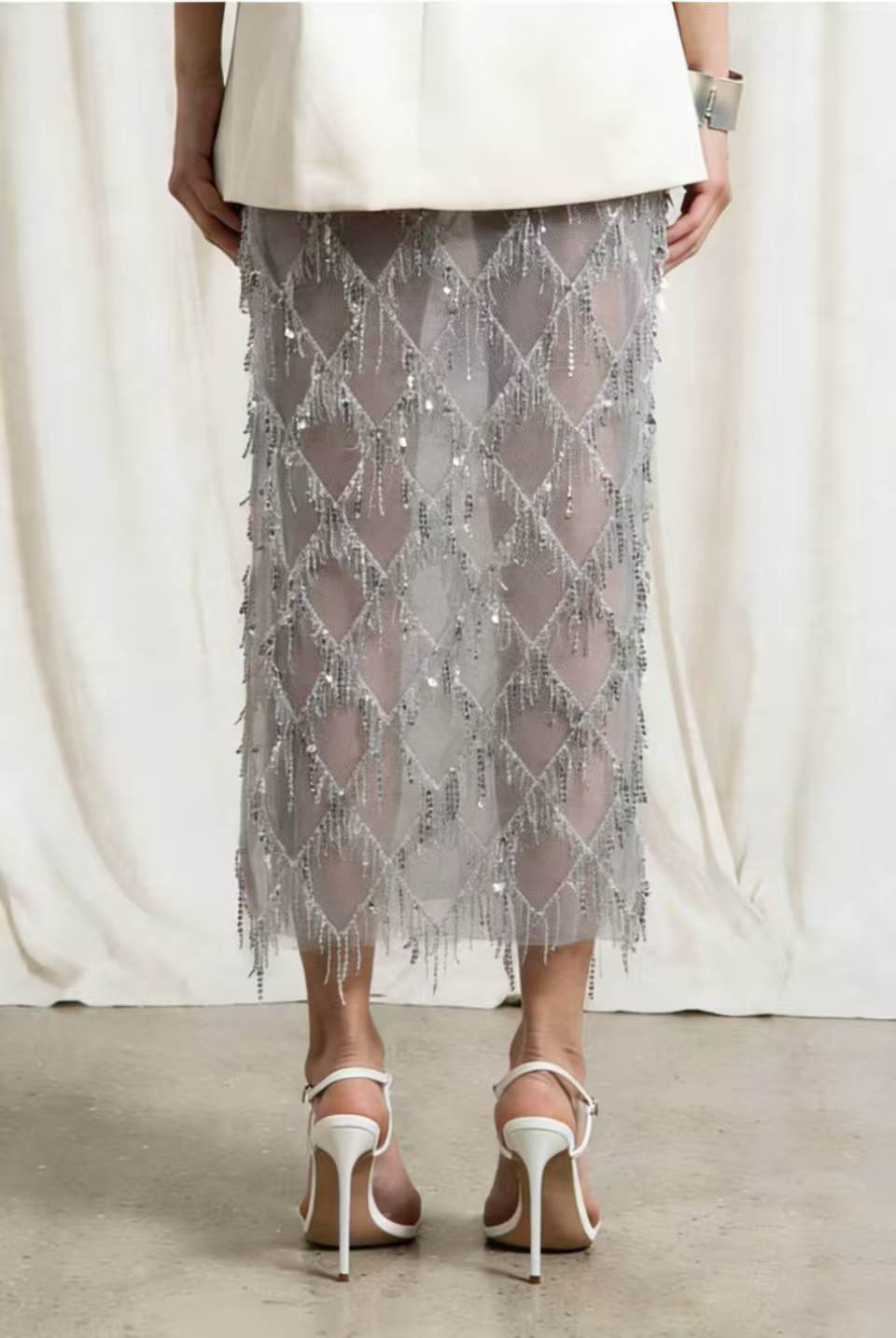 VVZ Women's Sequin-Embellished Midi Skirt — Side-Slit, Bodycon, Slimming, and Sheer Mesh Design