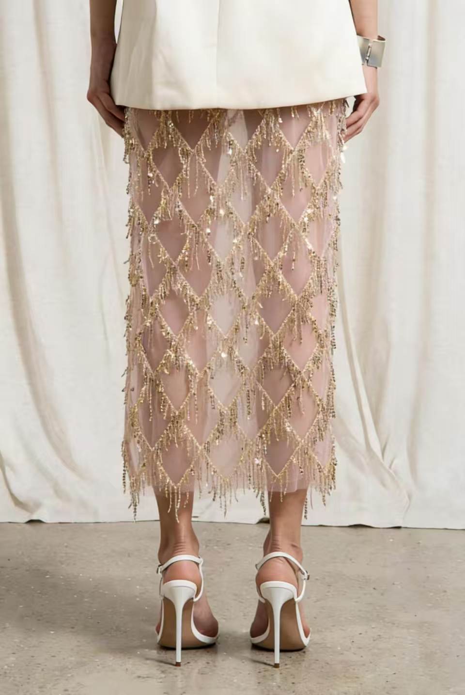 VVZ Women's Sequin-Embellished Midi Skirt — Side-Slit, Bodycon, Slimming, and Sheer Mesh Design